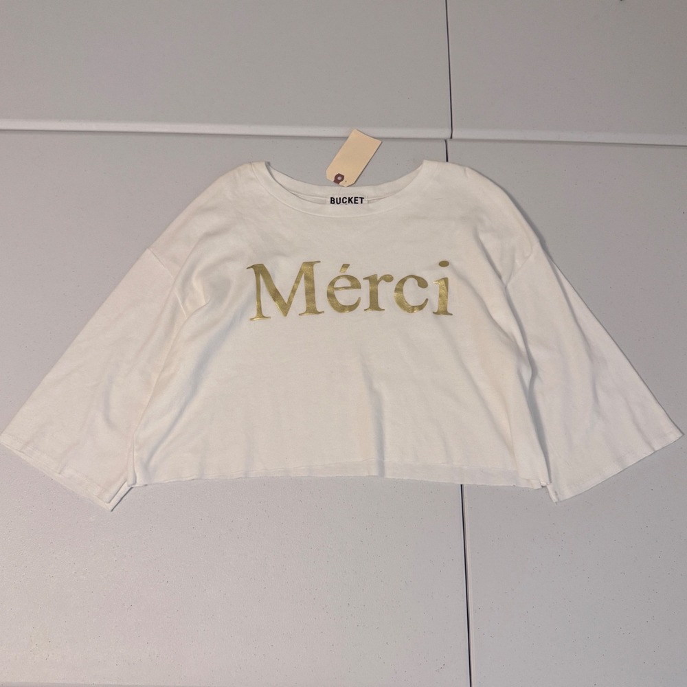 Bucketlist Merci Cropped Tee White Gold Graphic Boxy Cotton Top Small New oo